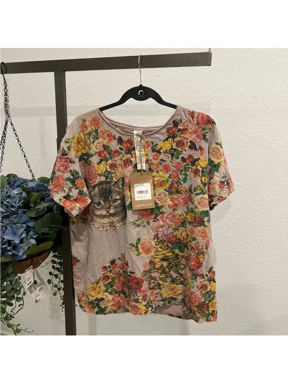 Magnolia Pearl Floral Cat Print Tee - Green, Pink, Yellow, Cream